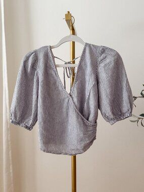Abercrombie & Fitch Striped Linen Wrap Crop Top | Puff Sleeve | Smocked Back | S